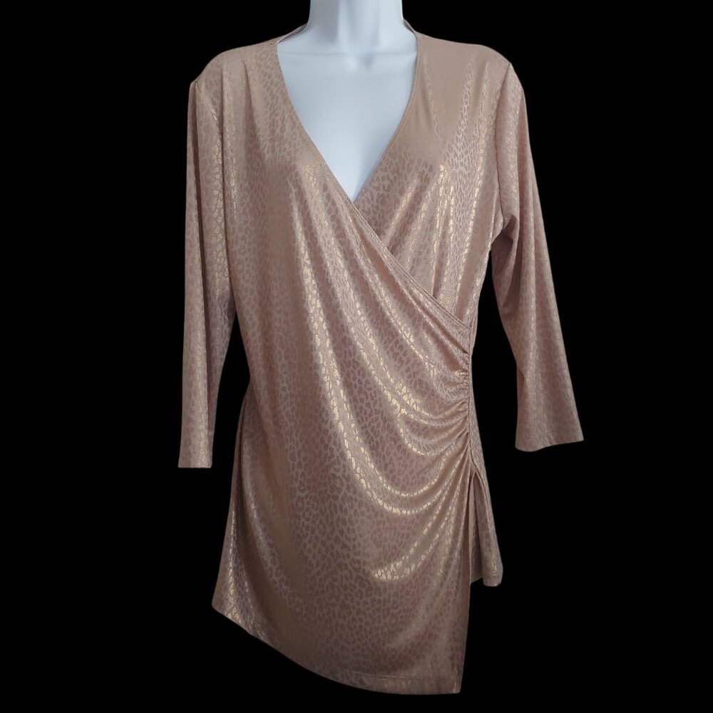 Chico's Travelers Stretch Metallic Liquid Gold Drapey Asymmetrical Faux Wrap Top